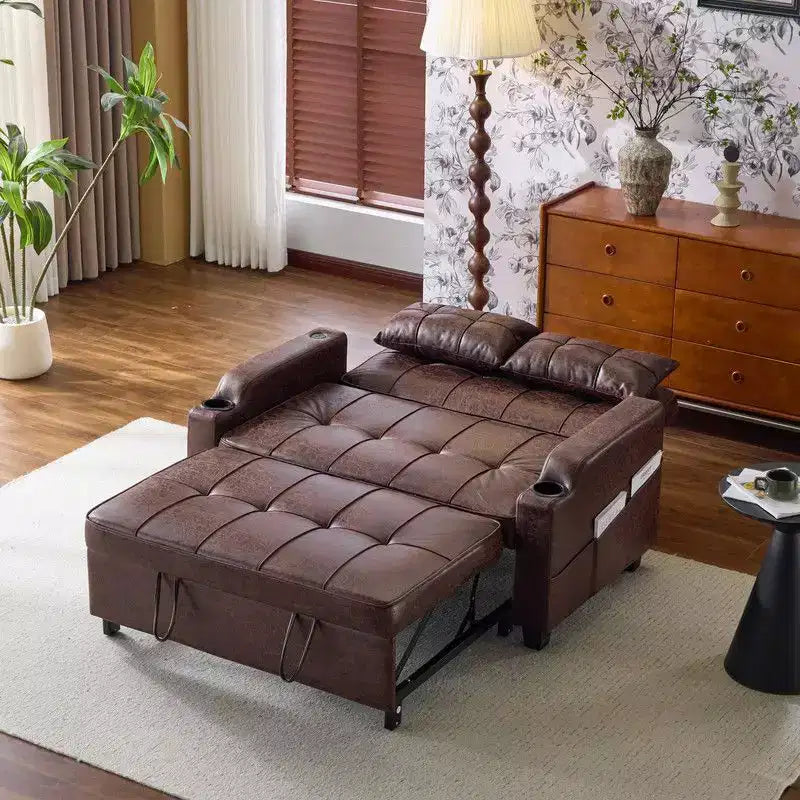 Gepolsterte, umwandelbare Schlafcouch mit Relaxfunktion aus Cat's-Claw-Leder, Kissen inklusive, für kleine Räume