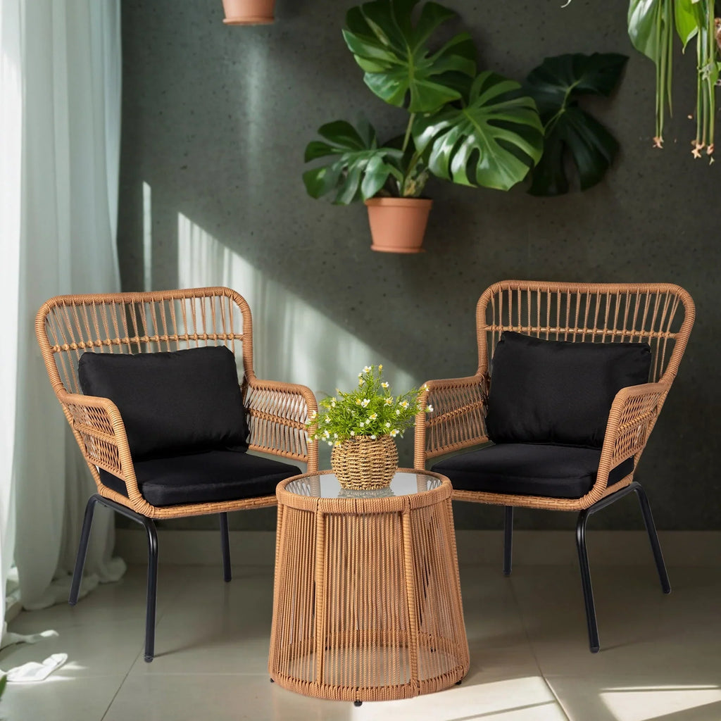 Ensemble bistro de jardin en osier de 3 pièces, ensemble de fauteuils de patio en rotin toutes saisons avec coussins