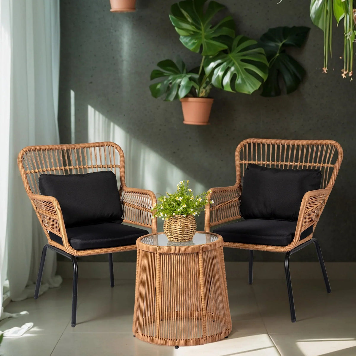 Ensemble bistro de jardin en osier de 3 pièces, ensemble de fauteuils de patio en rotin toutes saisons avec coussins