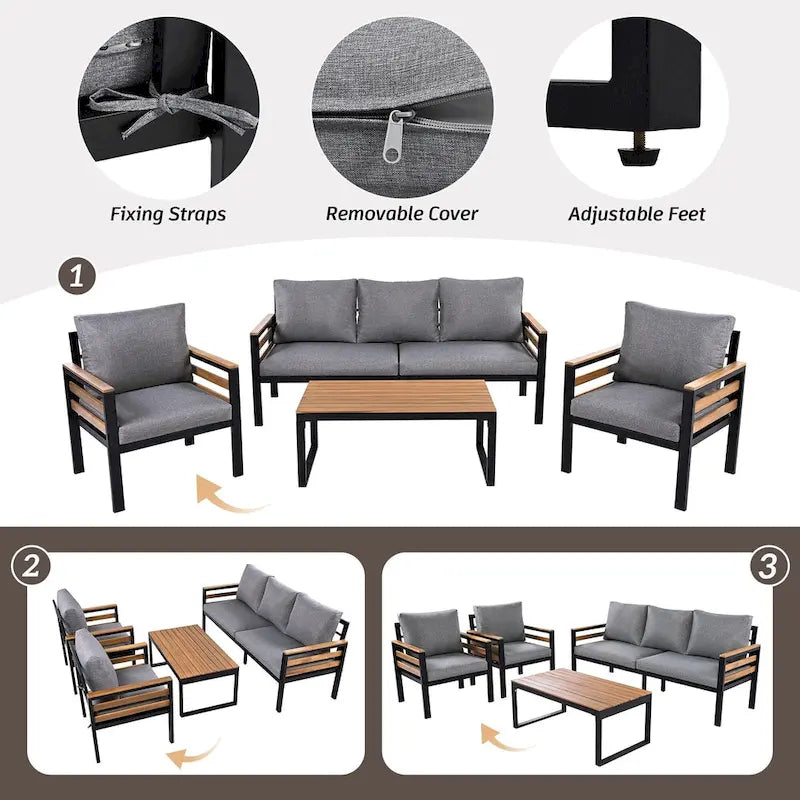 Ensemble de canapé d'extérieur 4 pièces pour 5 personnes, avec table basse en bois massif et coussins amovibles