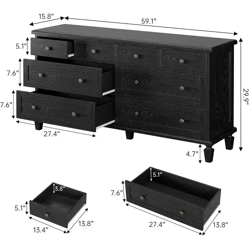 Commode de chambre à coucher à 8 tiroirs, meuble TV vintage de 59 avec poignées sculptées et pieds fuselés, commode en bois offrant un grand espace de rangement
