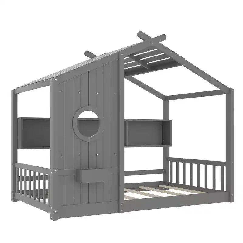 Bodenbett in Hausform für Kinder, Montessori-Spielhausbett mit Ablagefach und Dachdesign