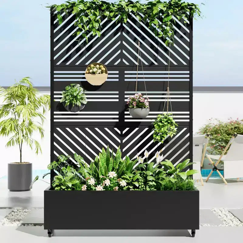Jardinière MAYEERTY avec treillis en fer noir à lignes parallèles 01, style classique à persiennes, ensemble combiné de 3 pièces, 72x47x16in