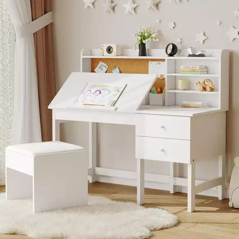 Schreibtisch- und Stuhlset für Kinder, hölzerner Lerntisch mit verstellbarer, neigbarer Tischplatte, Schubladen und Korktafel - Lernschreibtisch-Set für Kinder