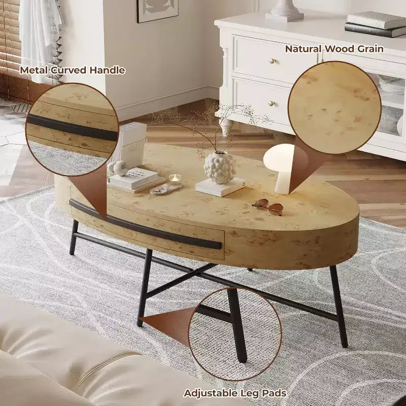 Table basse ovale Acekool avec tiroir, table de rangement en bois de 47.2 avec pieds croisés en métal, table centrale moderne du milieu du siècle en finition saule naturel et doré