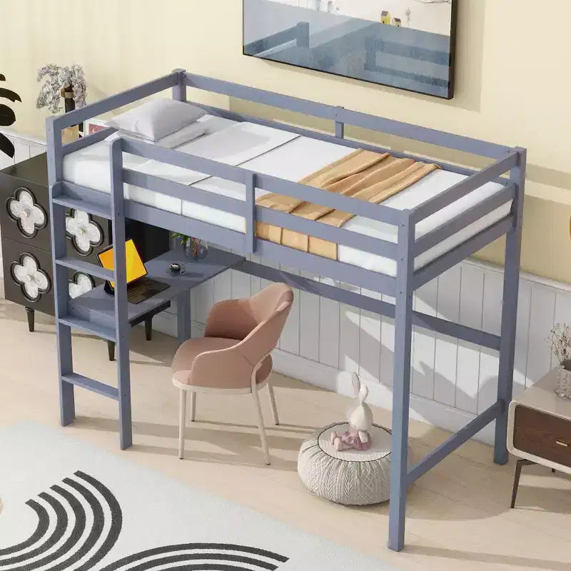 Okak minimalistisch hoogslaper met ladder, hoogslaper van rubberhout voor één persoon met veiligheidsreling en ingebouwd bureau, bedframes voor kinderen en tieners