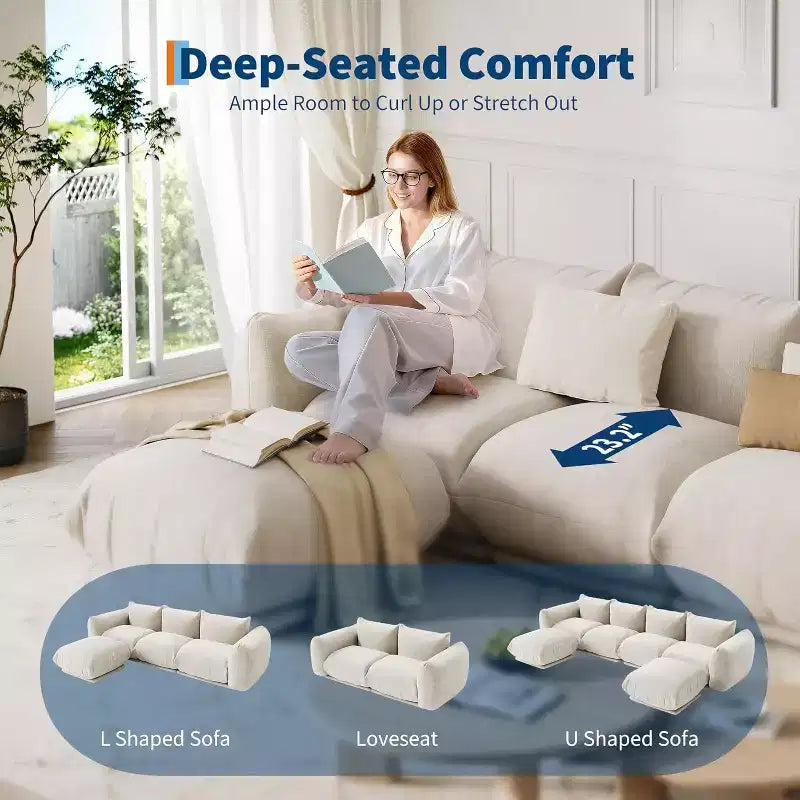 Canapé d’amour modulable en tissu chenille, canapé nuage 2 places avec mousse haute résilience, canapé sans pieds pour petits espaces