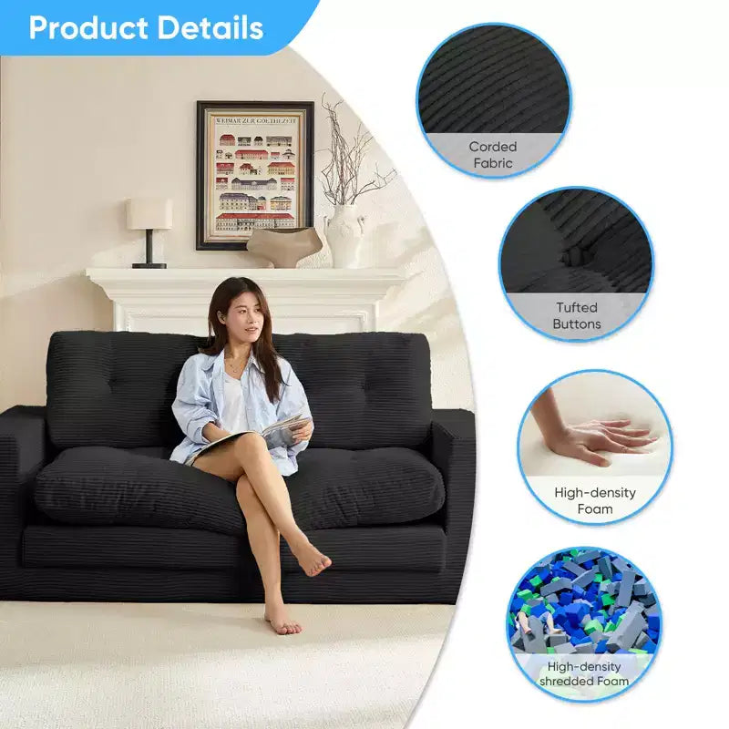 Canapé-lit futon convertible 2-en-1 Mjkone de 71', en tissu côtelé, pliable et capitonné avec boutons, canapé-lit deux places gain de place