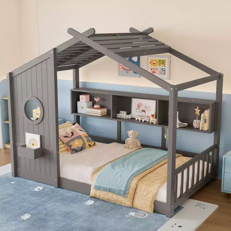 Bodenbett in Hausform für Kinder, Montessori-Spielhausbett mit Ablagefach und Dachdesign
