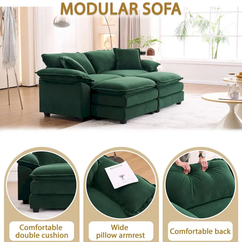 2-Sitzer-Sofa mit 2 Sitzkissen, 2 Kissen und 2 Hockern, bequemes Sofa - tiefes Sofa fürs Wohnzimmer, modulares Sofa
