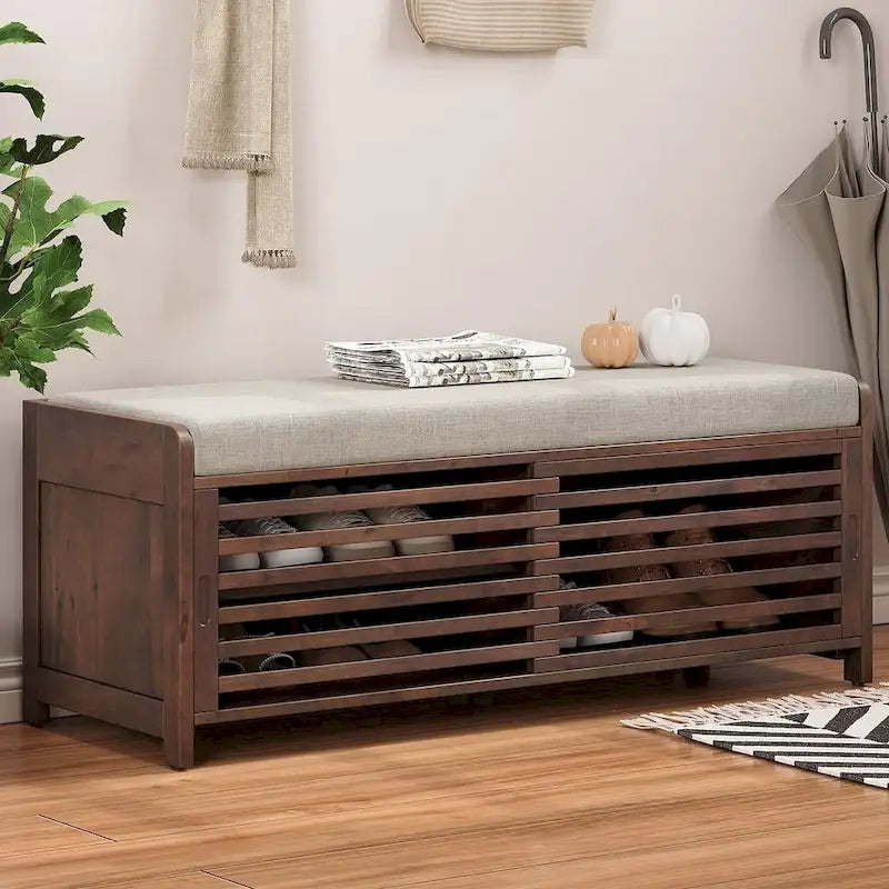 Banc de rangement en bois massif de 43.30 pouces avec persiennes vieillies contemporaines