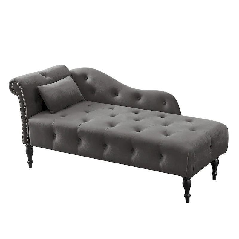 Moderne Chaiselongue, 60.6, mit Samtbezug, Knopfheftung, Beinen aus Massivholz und Ziernägeln