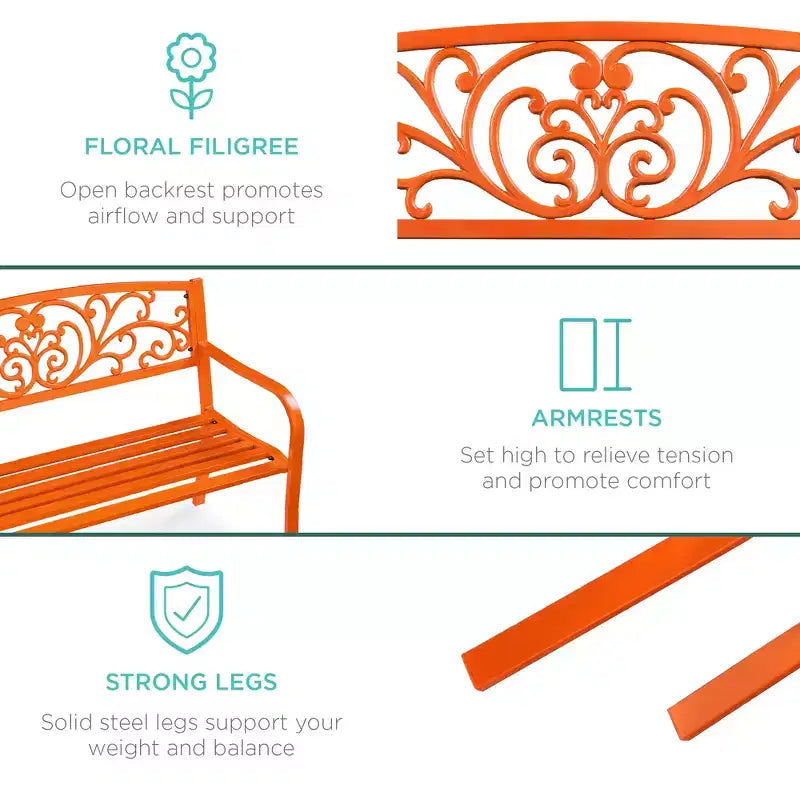 Best Choice Products Gartenbank aus Stahl für Terrasse und Veranda mit floral gestaltetem Rückenteil