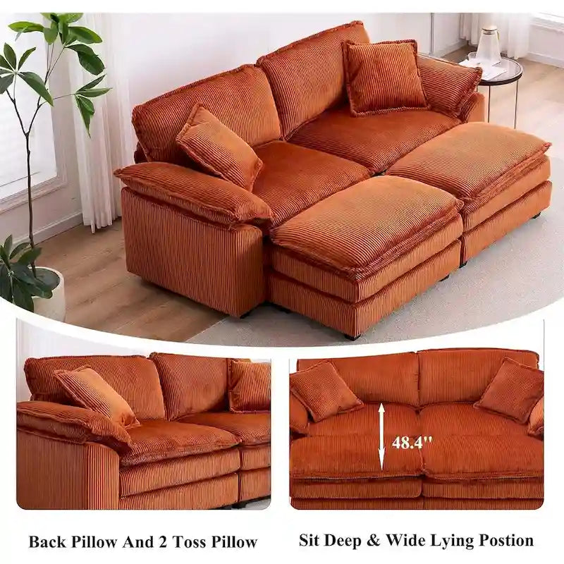 Modernes 2-Sitzer-Cordsofa mit 4 Stützkissen und 2 Hockern