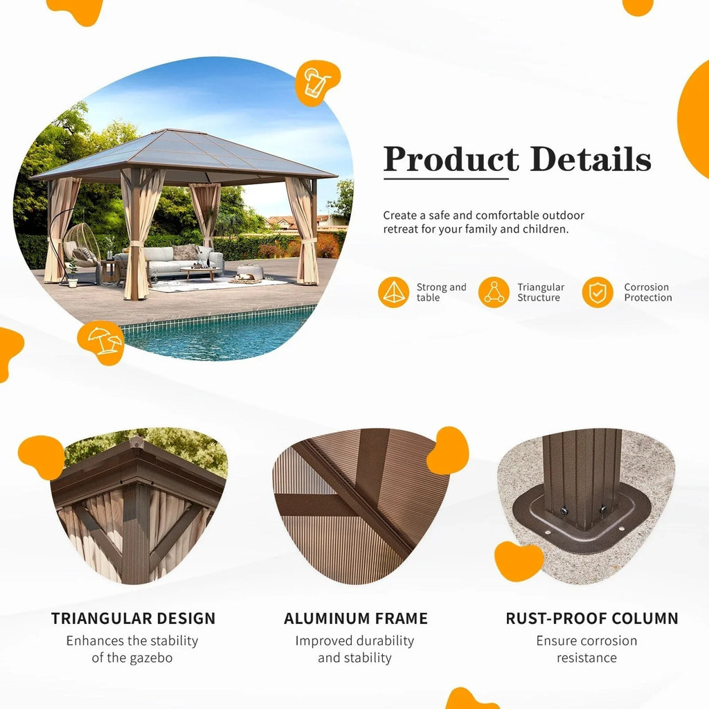 Gazebo EROMMY con tetto rigido, pergola da esterno con doppio tetto, rete e tende, copertura robusta per patio, giardino e feste in piscina