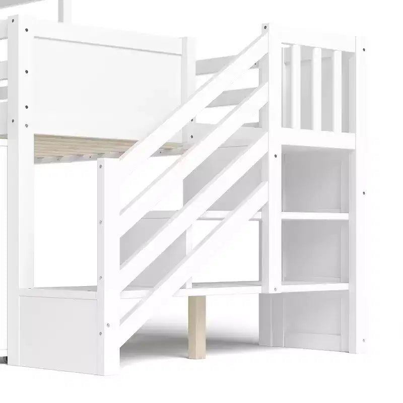 Einzel-Hochbett mit 3 Schubladen und Treppe mit Stauraum, Hausbett aus Holz mit Rutsche und abnehmbarem Schreibtisch