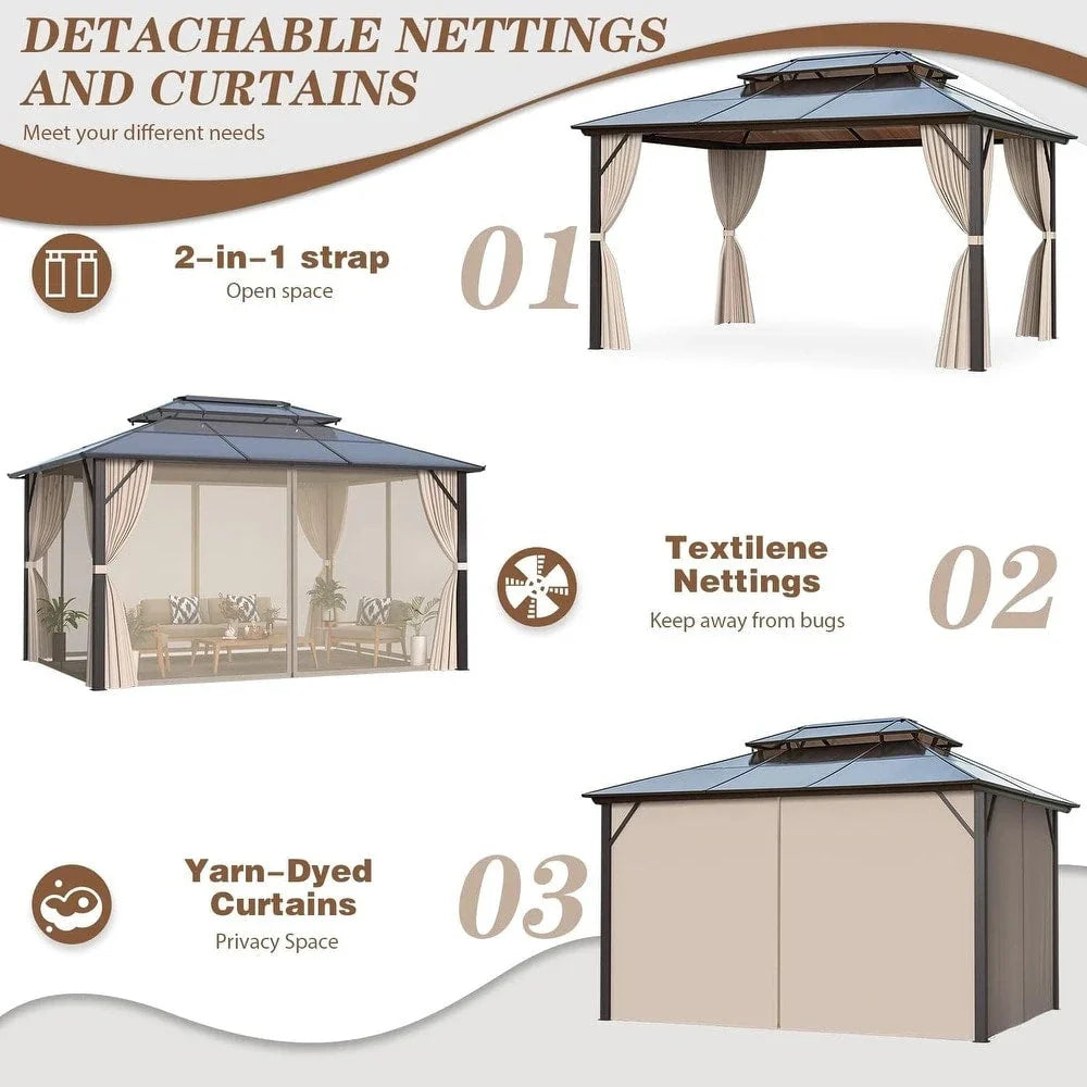 Gazebo EROMMY con tetto rigido, pergola da esterno con doppio tetto, rete e tende, copertura robusta per patio, giardino e feste in piscina