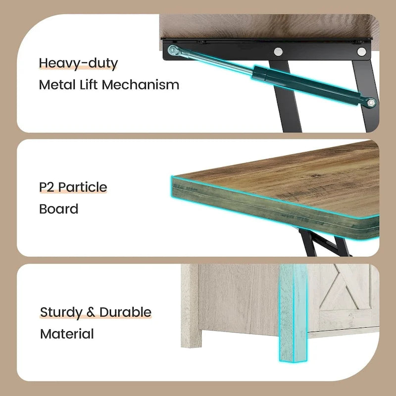Table basse relevable avec 2 portes coulissantes de style grange, rangement et table à manger