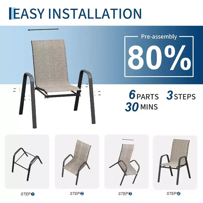Chaises de patio, lot de 4/6 chaises de repas d’extérieur empilables et légères en textilène, toutes saisons, avec accoudoirs, pour la cour et le bord de la piscine