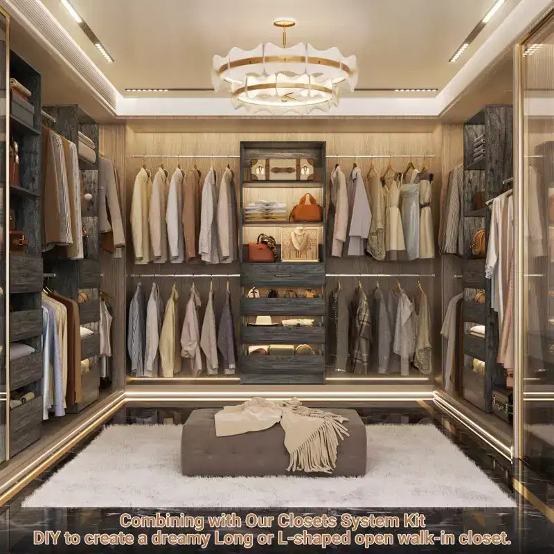 Système d'aménagement de dressing en bois Besiost de 4 à 9 pi avec 4 tiroirs, 4 tringles et des colonnes d'étagères