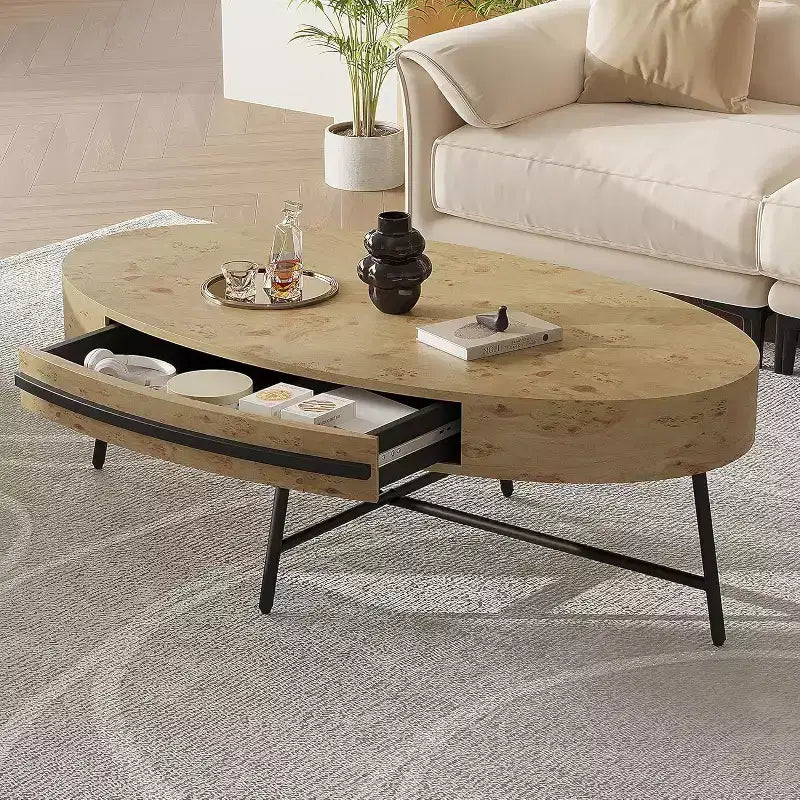 Table basse ovale Acekool avec tiroir, table de rangement en bois de 47.2 avec pieds croisés en métal, table centrale moderne du milieu du siècle en finition saule naturel et doré
