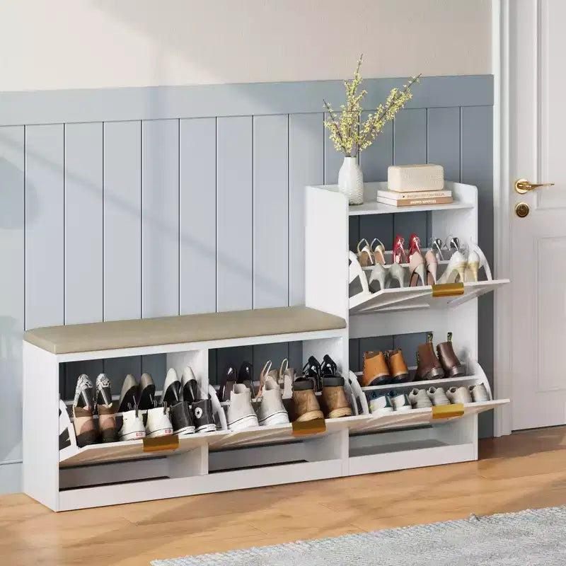 Schuhbank mit 5 Klappschubladen und Ablagefächern, Schuhschrank für 18 Paar Schuhe mit gepolstertem Sitz, schmaler Schuhständer für den Flur