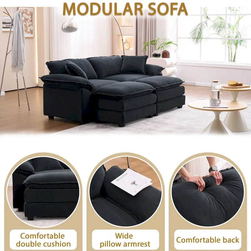 2-Sitzer-Sofa mit 2 Sitzkissen, 2 Kissen und 2 Hockern, bequemes Sofa - tiefes Sofa fürs Wohnzimmer, modulares Sofa