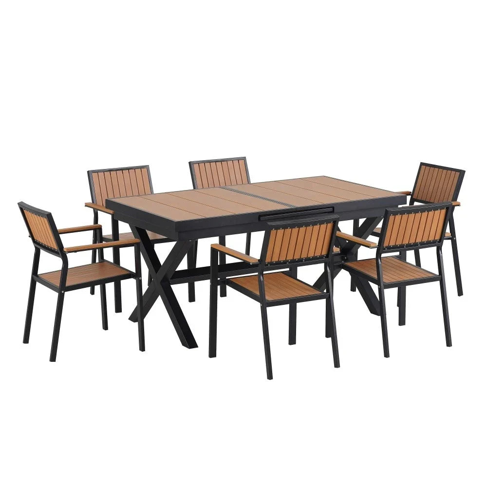 Set da pranzo da esterno moderno da 7 pezzi con sei sedie e un tavolo allungabile per il patio