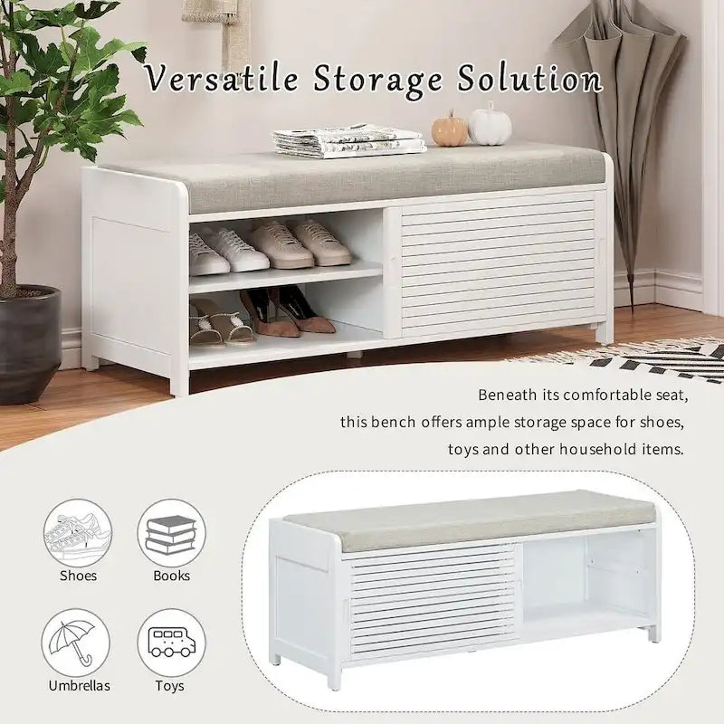 Banc de rangement en bois massif de 43.30 pouces avec persiennes vieillies contemporaines