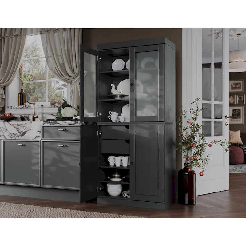Credenza dispensa in legno massello al 100% con ante in vetro satinato, ante piene, 2 cassetti e ripiani regolabili