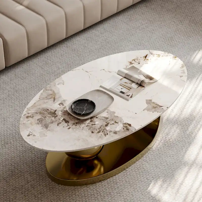 Tavolino da salotto ovale Modern Pandora 51 con piano in pietra sinterizzata lucida, tavolino di lusso con gambe in acciaio inossidabile per il soggiorno