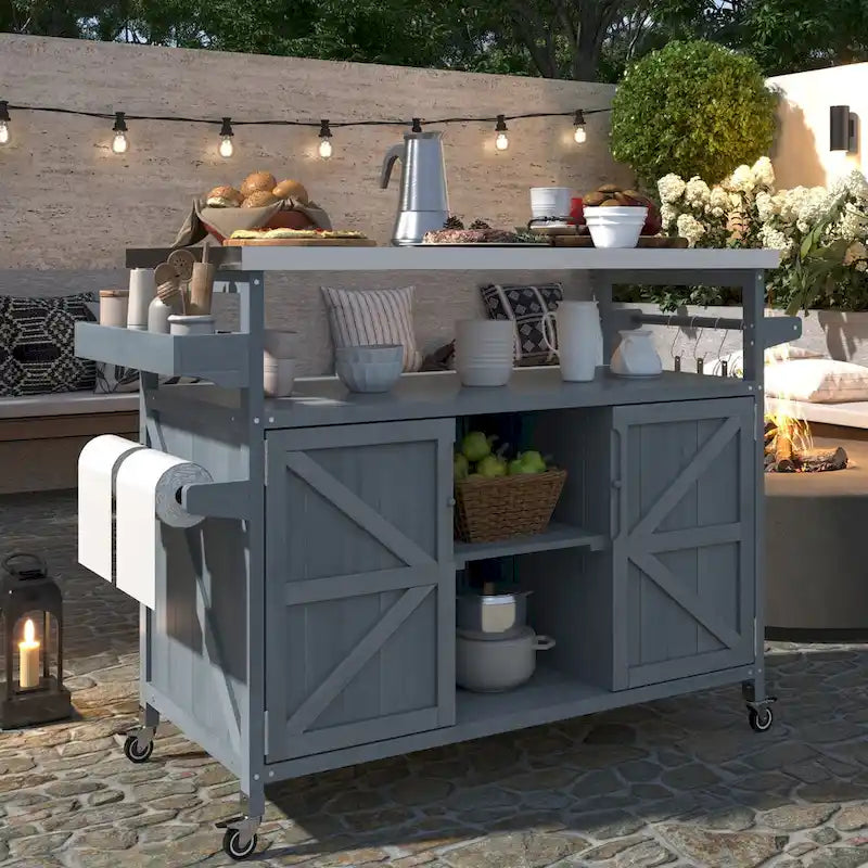 Isola da cucina per esterni, carrello bar su ruote e mobile contenitore, tavolo per griglia in legno massello con piano in acciaio inossidabile, portaspezie, portasciugamani
