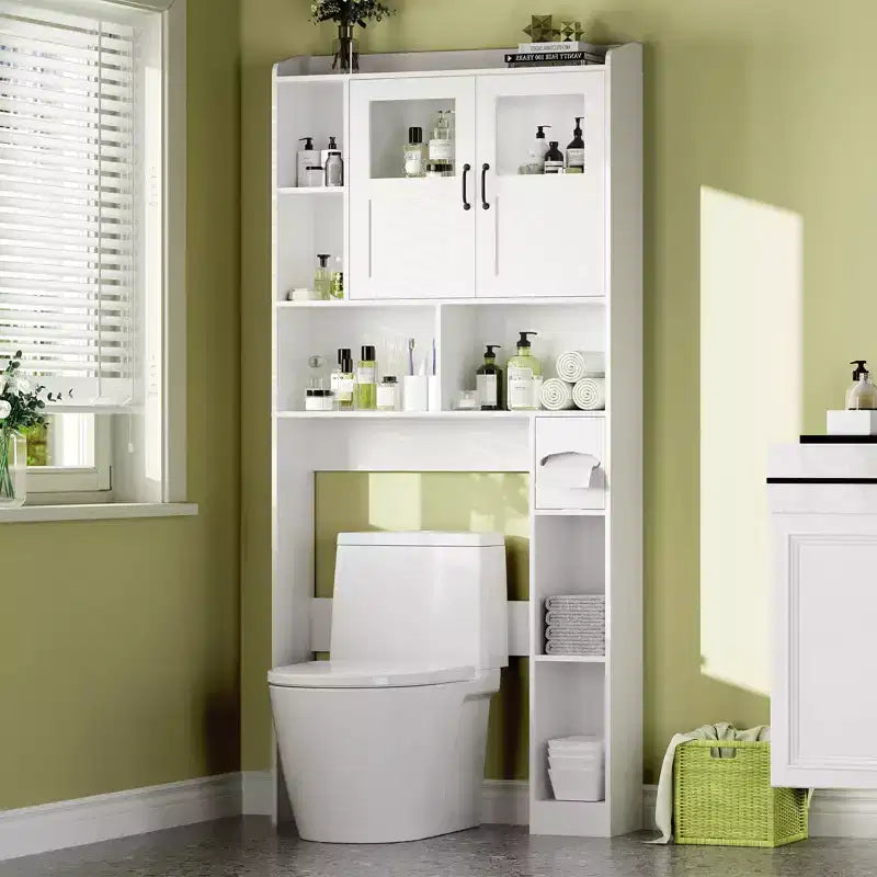 Mobile contenitore sopra il WC - 67.4 H, organizer e contenitore da bagno in stile rustico con ripiano regolabile e anta in vetro per bagno e lavanderia
