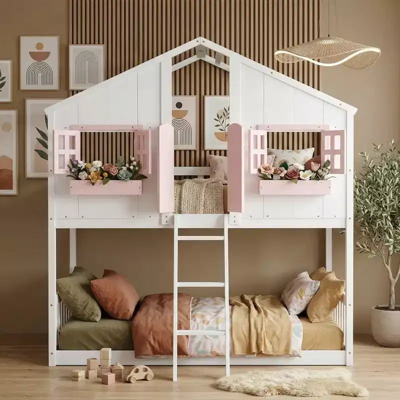 Letto a soppalco a forma di casetta per letto singolo, in legno, con scala e sponde di protezione per bambini