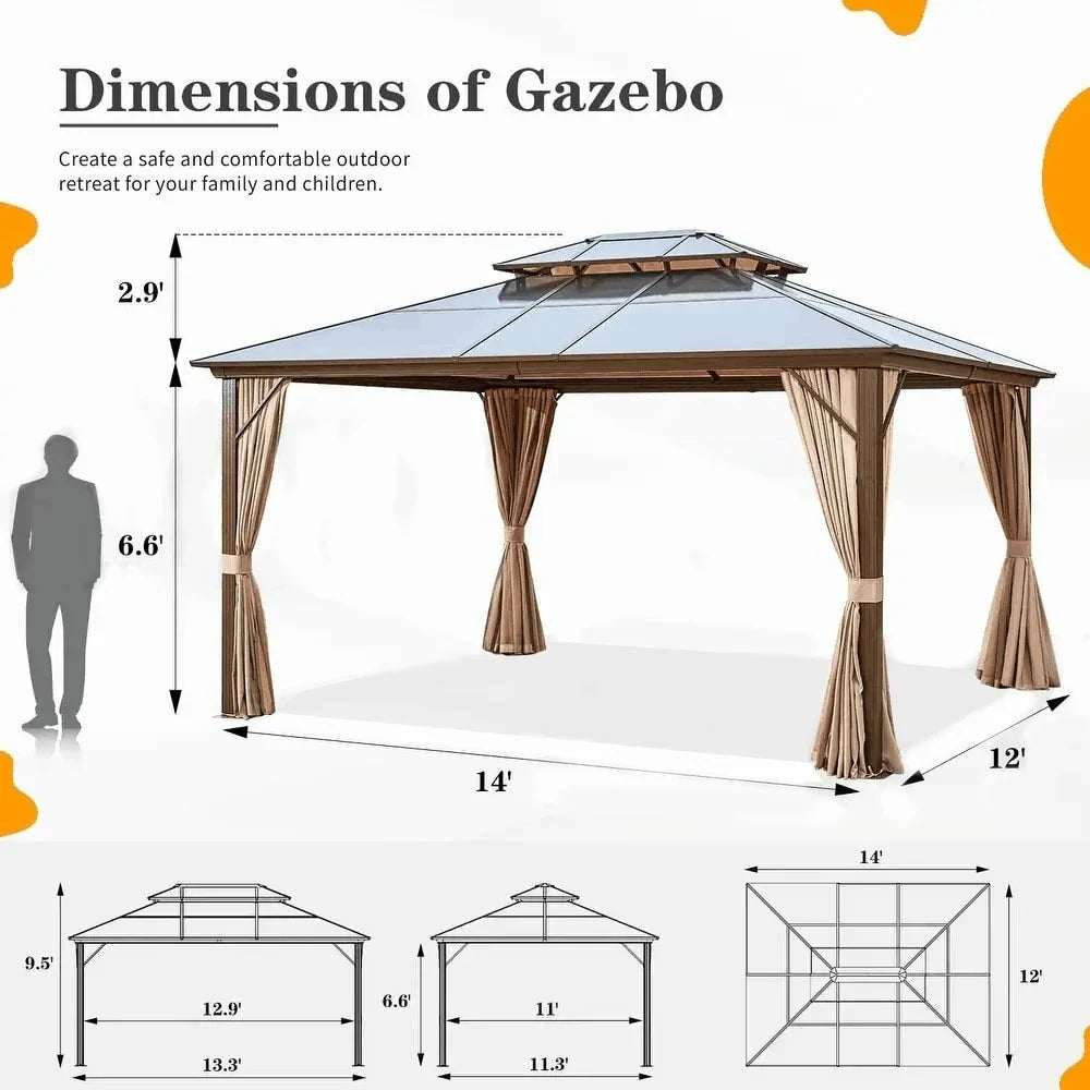 Gazebo EROMMY con tetto rigido, pergola da esterno con doppio tetto, rete e tende, copertura robusta per patio, giardino e feste in piscina
