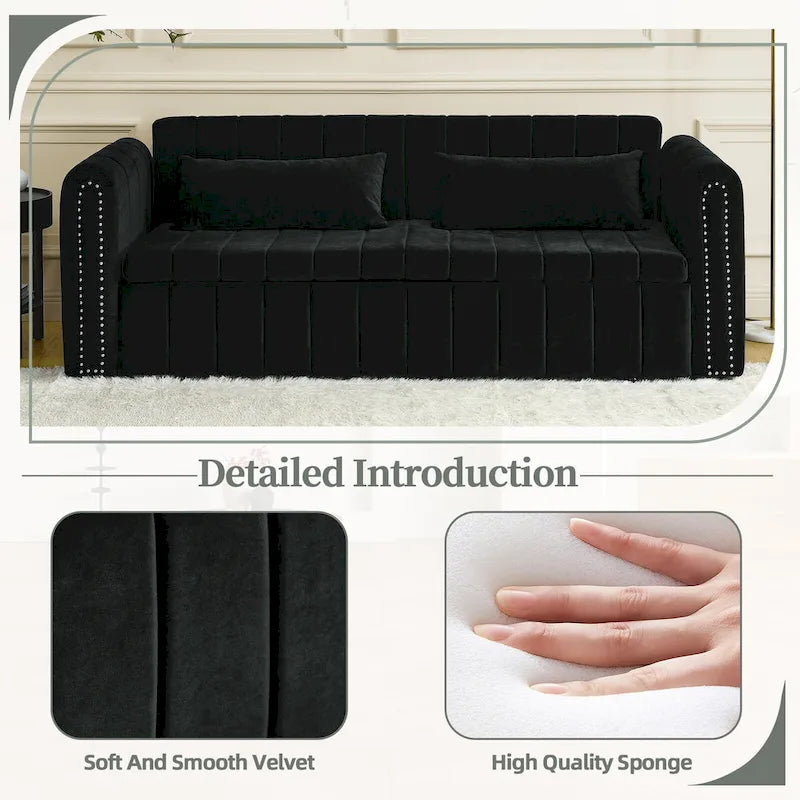 Velvet Upholstered Modern Convertible Sleeper Lounge Sofa Bed with Rolled Arms Decorated with Copper Nails