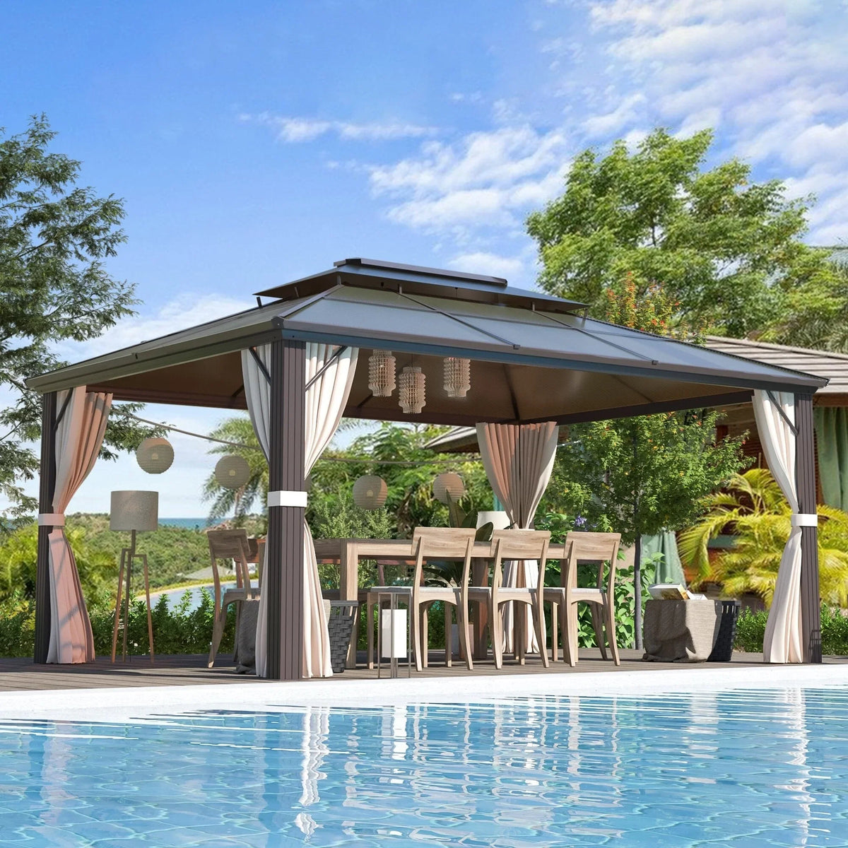 Gazebo EROMMY con tetto rigido, pergola da esterno con doppio tetto, rete e tende, copertura robusta per patio, giardino e feste in piscina