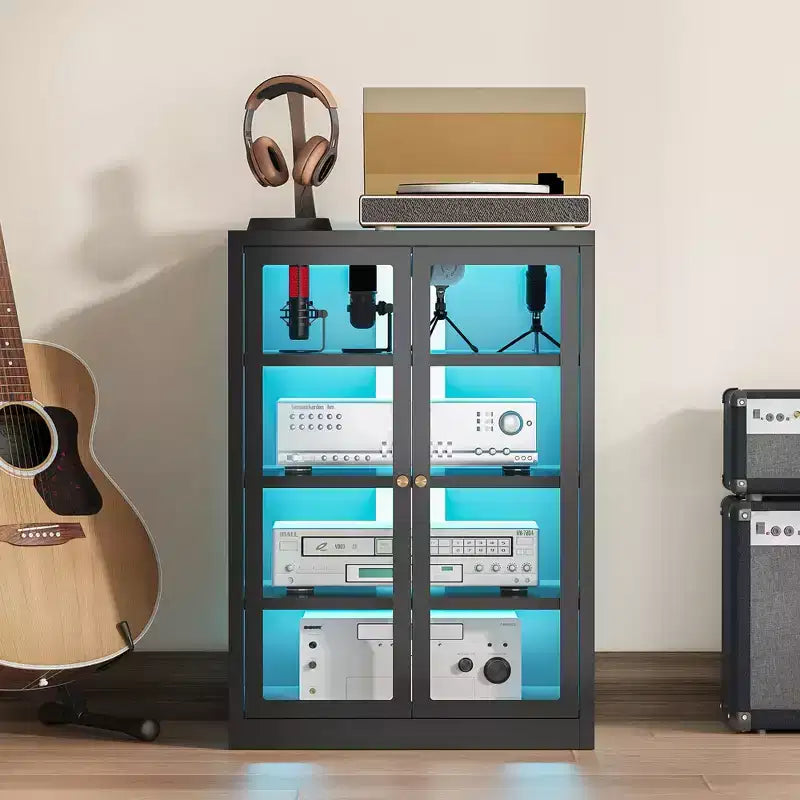 Meuble multimédia en métal Bekrvio, meuble stéréo à 4 niveaux avec portes en verre et étagères réglables, rack audio et audiovisuel avec gestion des câbles