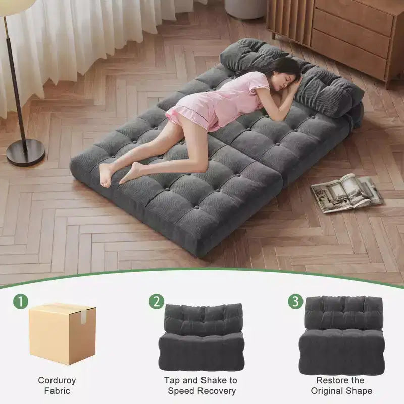 Futon pliant convertible en lit, format deux places, en velours côtelé, fauteuil-lit de sol avec coussin et soutien dorsal