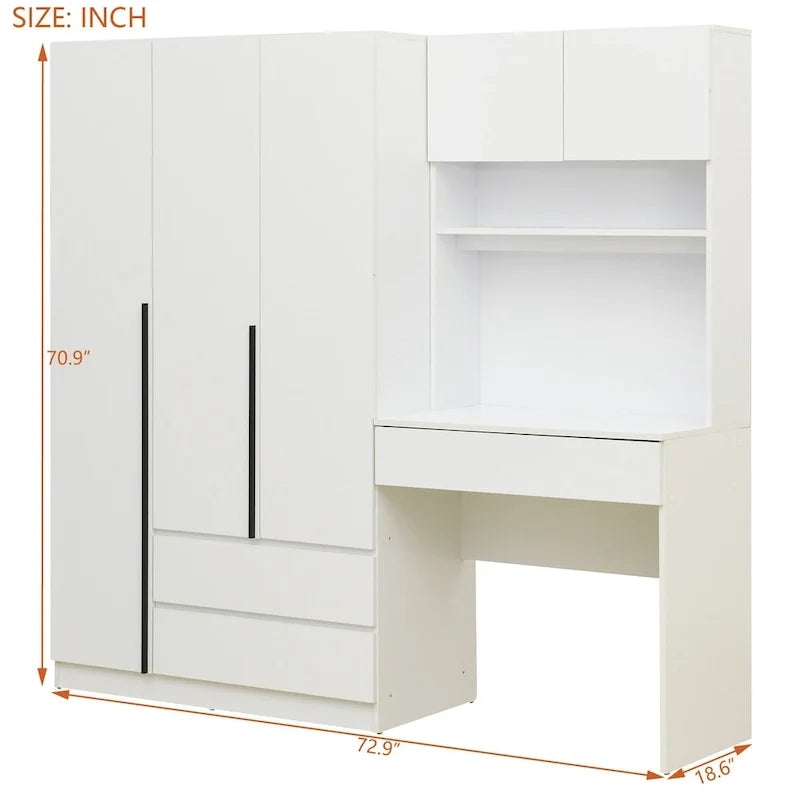 Armoire 3-en-1 avec coiffeuse et bureau, armoire de chambre avec 2 tiroirs et 3 portes de rangement