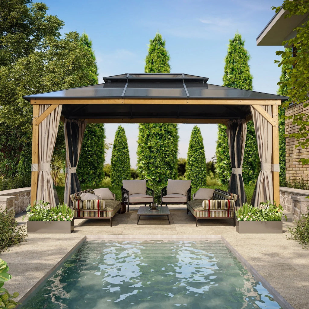Gazebo EROMMY con tetto rigido, pergola da esterno con doppio tetto, rete e tende, copertura robusta per patio, giardino e feste in piscina