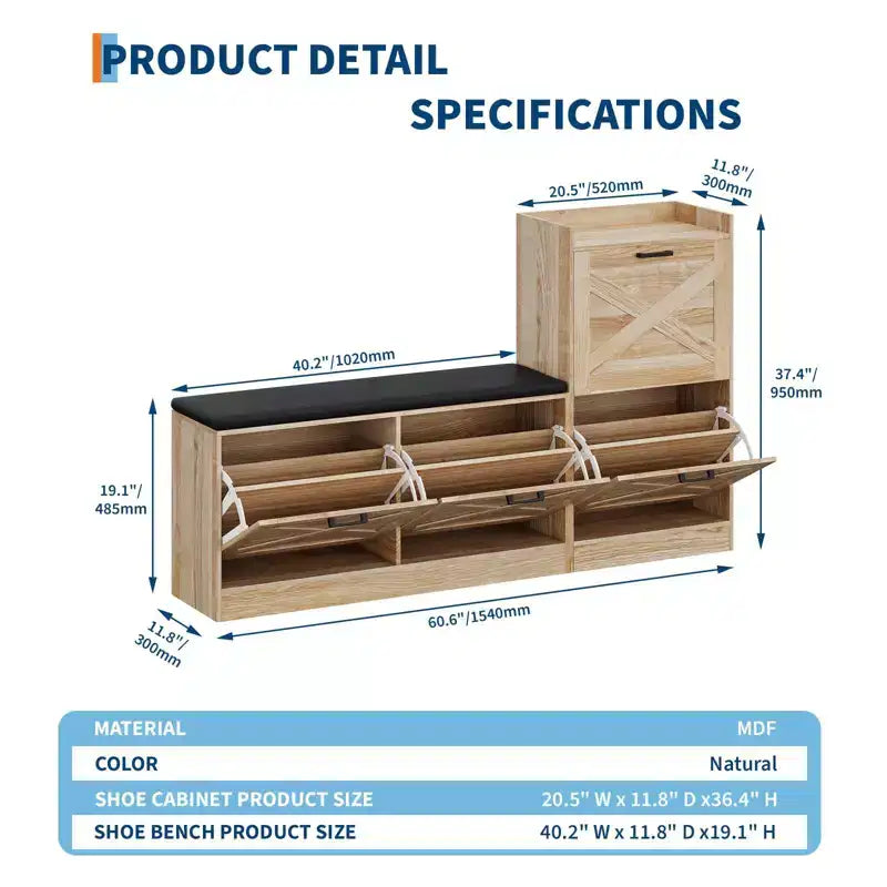 Schuhschrank im Landhausstil, Flurbank aus Holz mit 4 Klappschubladen, schmaler, versteckter Schuhorganizer, freistehendes Schuhregal für Flur und Eingangsbereich