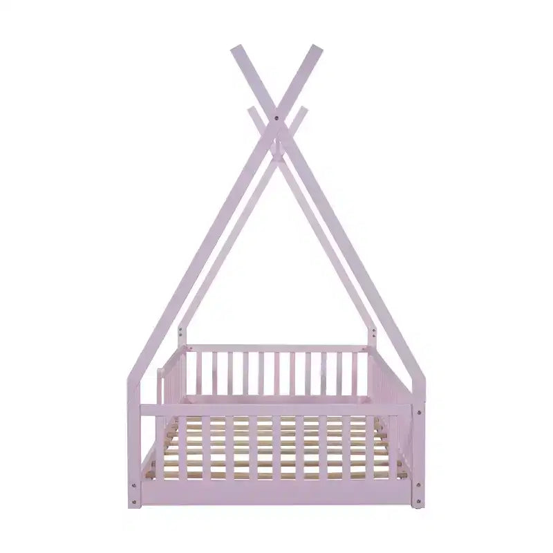 Vloerbed voor kinderen, tentbedden in eenpersoonsformaat, Montessori-vloerbed met latten en hekwerk, houten huisbedframe voor jongens en meisjes