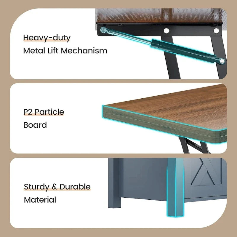 Table basse relevable avec 2 portes coulissantes de style grange, rangement et table à manger