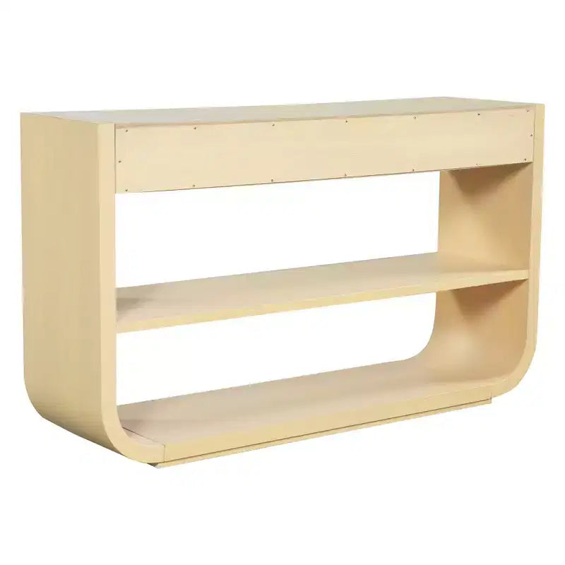 Tavolo consolle curvo ModernLuxe, tavolo d'ingresso, tavolino laterale per divano, espositore, tavolino d'accento con 3 cassetti a chiusura ammortizzata e 2 ripiani aperti