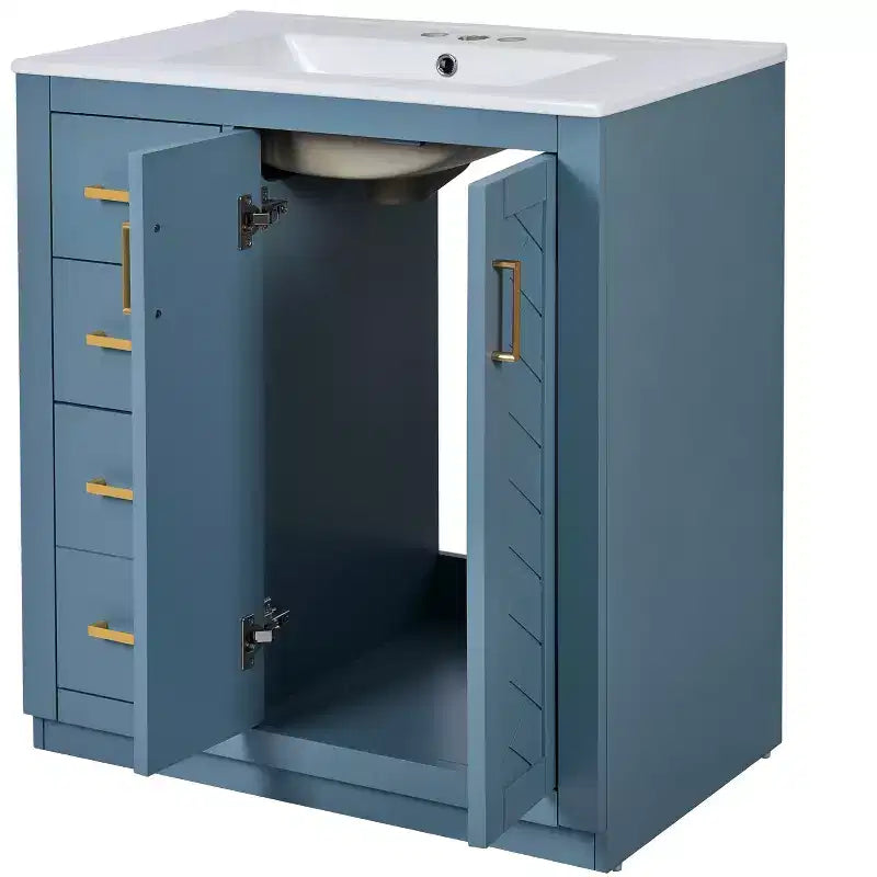 Badkamermeubel van 30 inch met enkele wastafel, kast en 3 laden - zwart / blauw / groen / indigo / wit