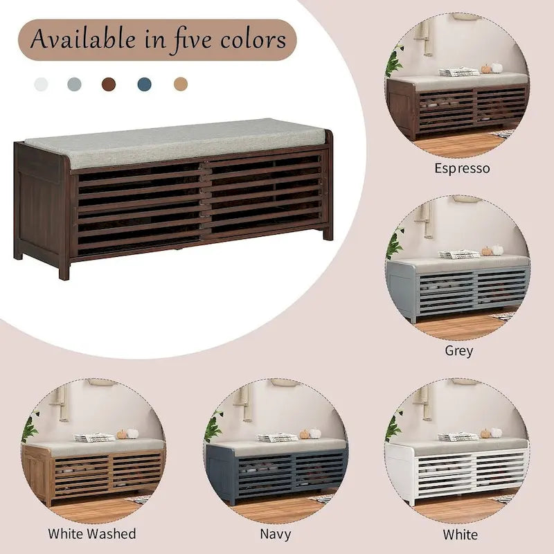 Banc de rangement en bois massif de 43.30 pouces avec persiennes vieillies contemporaines