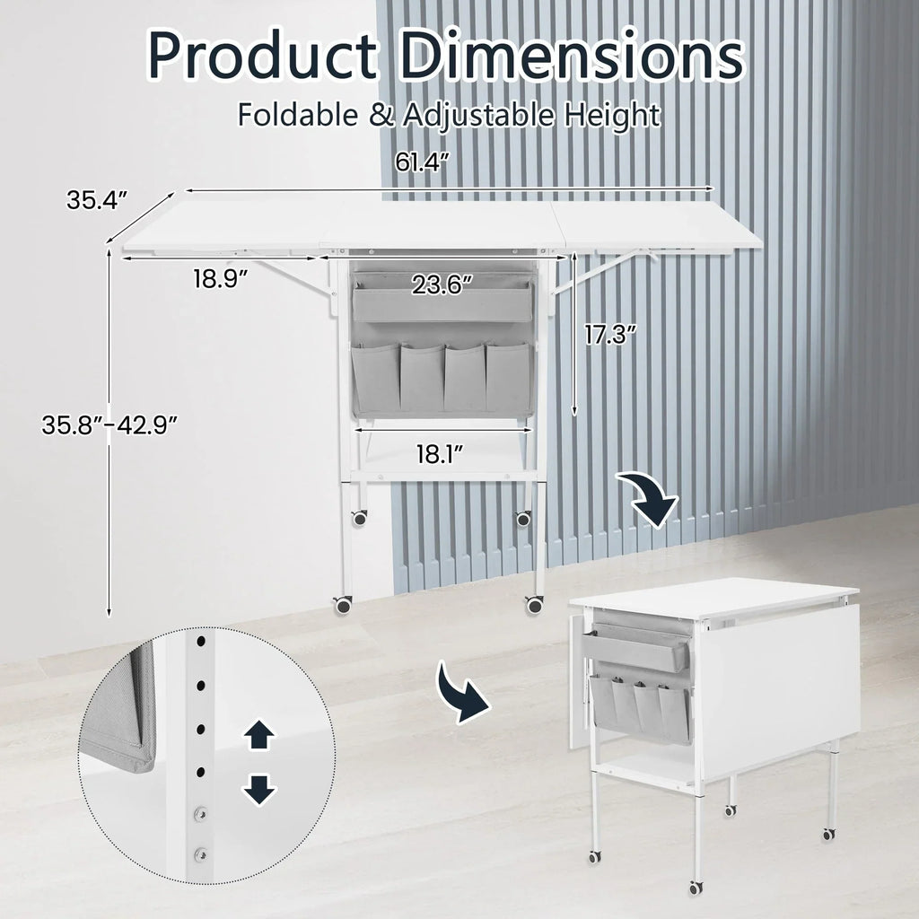 Table d’activités réglable en hauteur avec étagères de rangement, table de découpe pliante et mobile pour bureau à domicile, couture ou loisirs créatifs