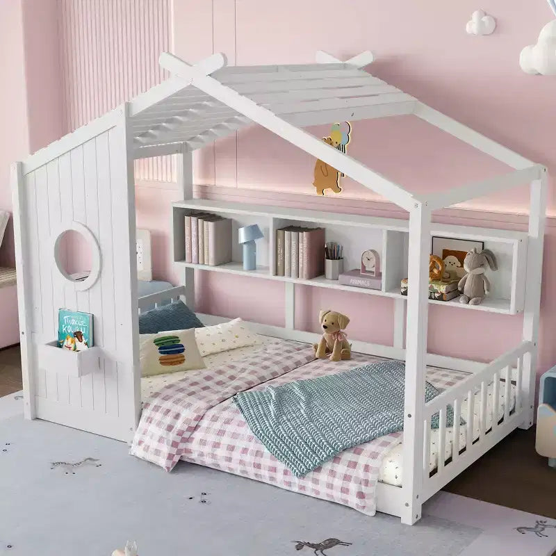 Bodenbett in Hausform für Kinder, Montessori-Spielhausbett mit Ablagefach und Dachdesign