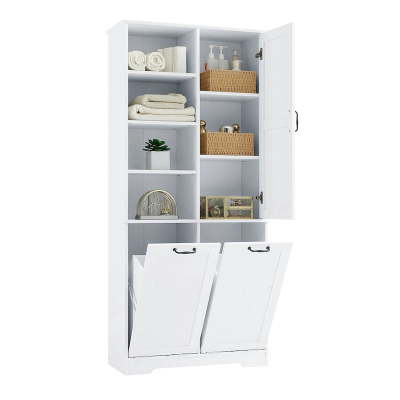 Meuble de rangement de salle de bain avec tiroirs, panier à linge basculant, plusieurs espaces de rangement, étagère ouverte et étagère réglable